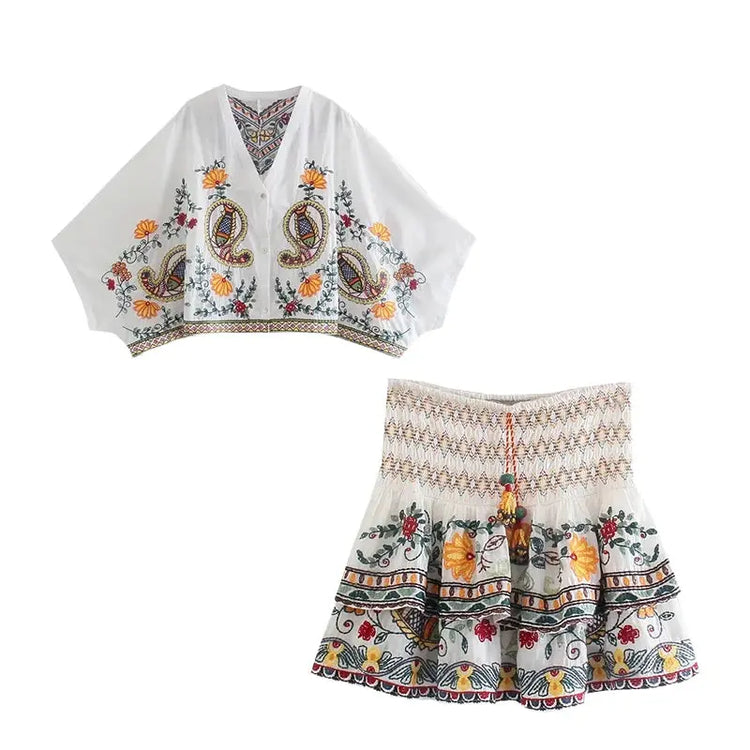Batwing Sleeve Women Autumn Embriodery Paisley Print Skirt Set Outfits V Neck Button Tiered Mini Skirt Dress Suit Vintage Set Beauty hair & fashionfj