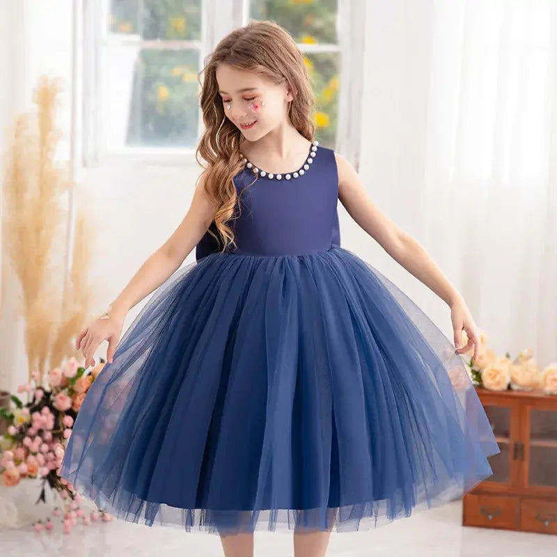 Summer Girls Party Dresses for Kids 3-8 Years Birthday Tulle Pearl Formal Evening Dress Backless Bow Flower Girl Wedding Dress Beauty hair & fashionfj