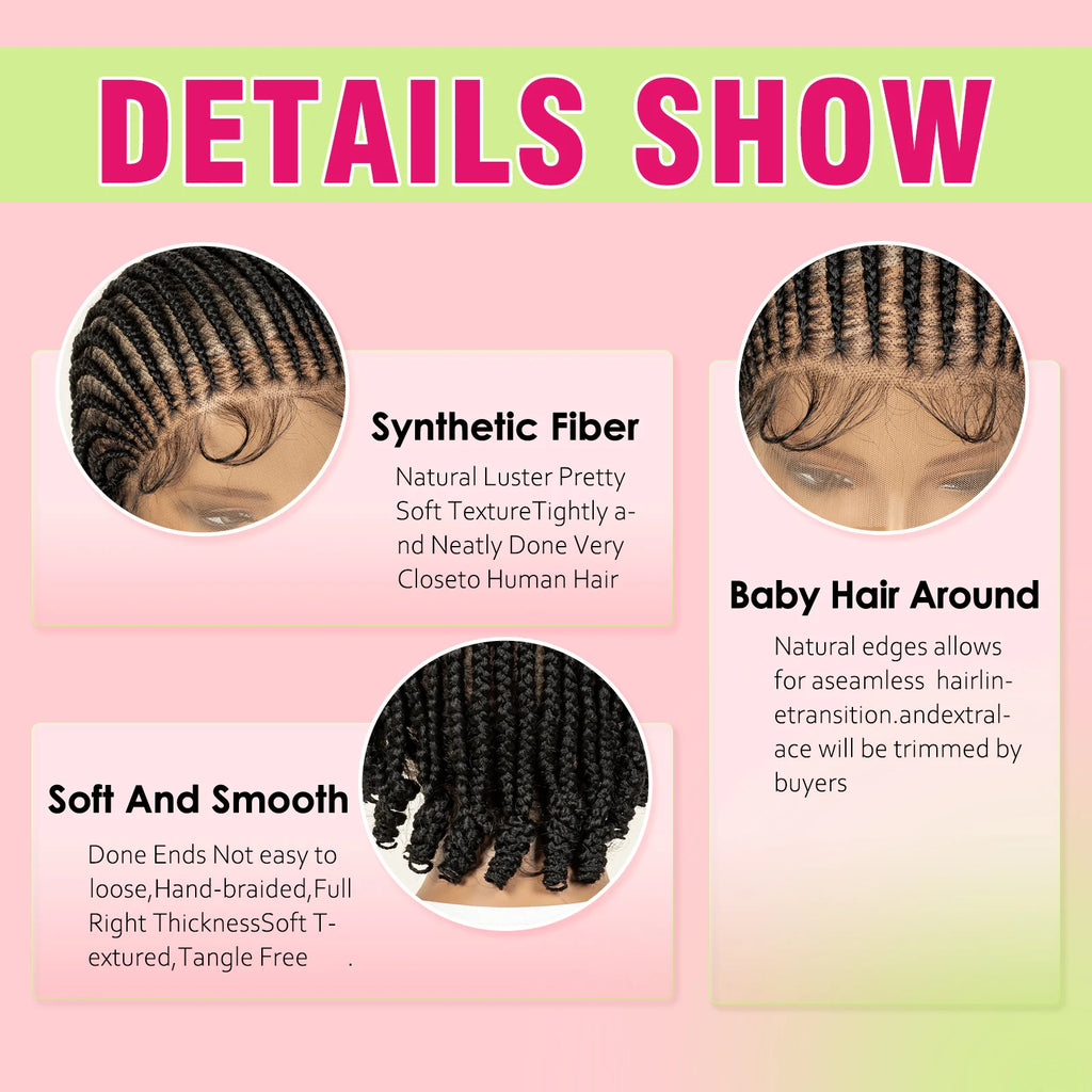 8 Inch Full Lace Synthetic Braided Wig with Baby Hair And Curly Ends Knotless Cornrow for Black Women Natural Looking Wigs