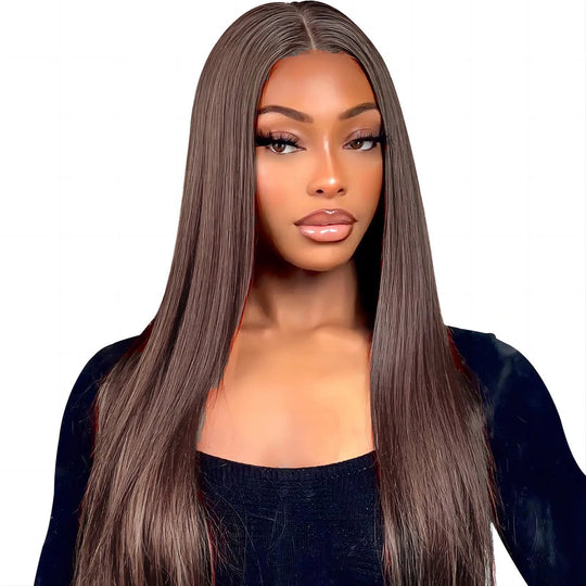 Dark Chocolate Brown Long Straight Synthetic Hair 13x4 Lace Front Wigs Transparent Lace Wigs For Women Bone Straight Wig 180% Beauty hair & fashionfj