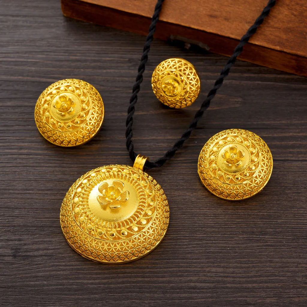 African Women Classic Ethnic Style Jewelry Set Golden Color Pendant Necklace Earrings Ethiopian Bridal Wedding Luxury Gift