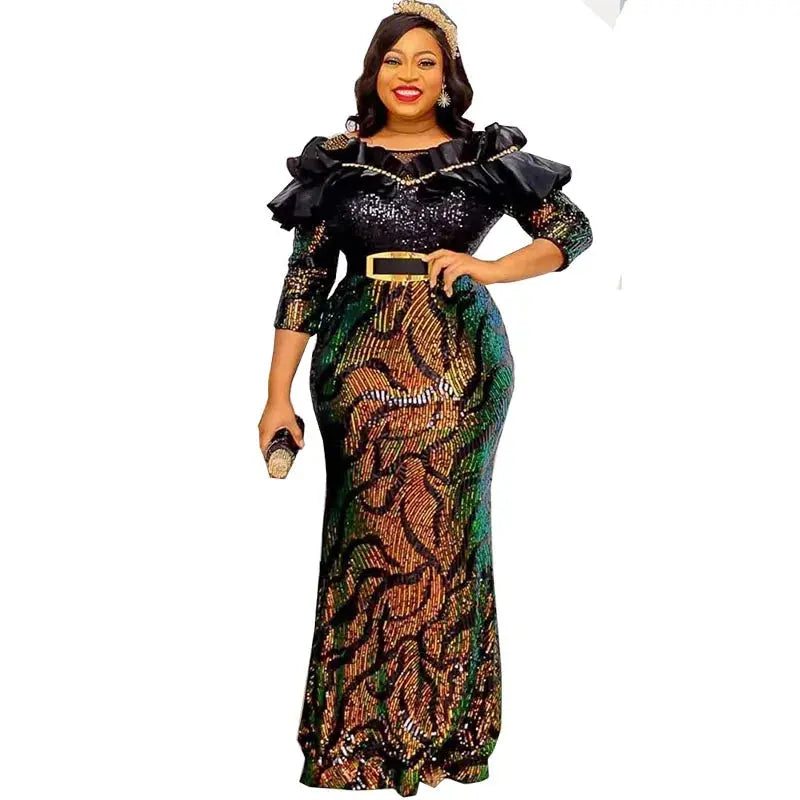 African Dresses For Women 2022 Lady Elegant Glittering Evening Dress Sparkle Sequin Sexy Sheath Maxi Party Gowns Come With Belt Beauty hair & fashionfj