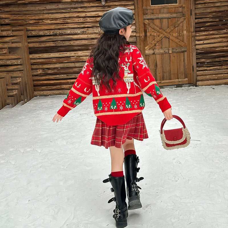 Christmas teen Girls clothes Set red Deer Sweater+plaid pleated skirt 2pcs 4-14 junior kids suit children outfits ensemble fille