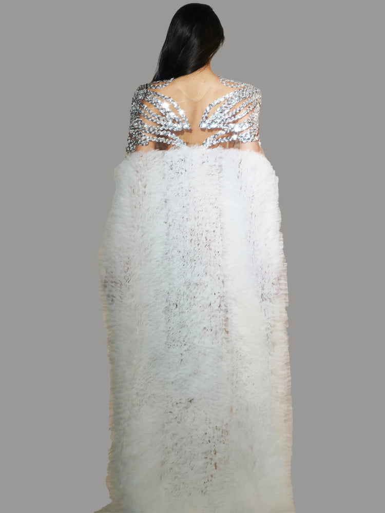 Dance Costume Singer Prom Dinner Gown Evening Banquet Party Elegant Silver Glitter Sequin Birthday Wedding Dress with Cloak Beauty hair & fashionfj