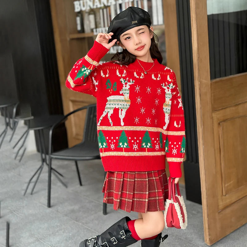 Christmas teen Girls clothes Set red Deer Sweater+plaid pleated skirt 2pcs 4-14 junior kids suit children outfits ensemble fille