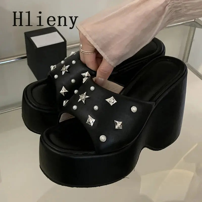 Hlieny Summer Platform Women's Wedges Slippers Shoes Fashion Metal Rivets Thick Bottom High Heels Banquet Female Sandals Beauty hair & fashionfj