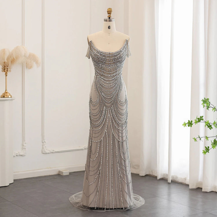 Sharon Said Luxury Crystal Silver Gray Mermaid Dubai Evening Dress Wedding Party Long Prom Graduation Gown 2025 SS403 Customized Beauty hair & fashionfj