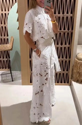 Elegant Lapel Half-sleeved Crop Top + Wide-leg Pants Sexy Hollow 2-piece Set Women Fashion Spring Solid Color Loose Suit Female Beauty hair & fashionfj