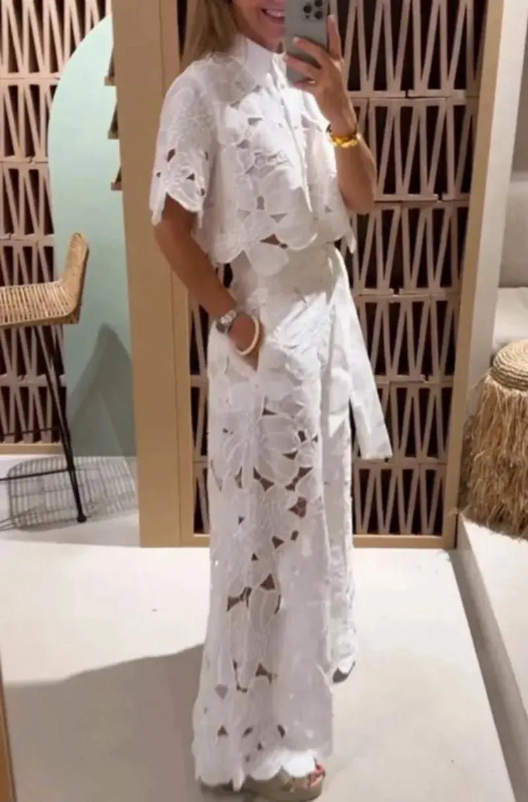 Elegant Lapel Half-sleeved Crop Top + Wide-leg Pants Sexy Hollow 2-piece Set Women Fashion Spring Solid Color Loose Suit Female Beauty hair & fashionfj