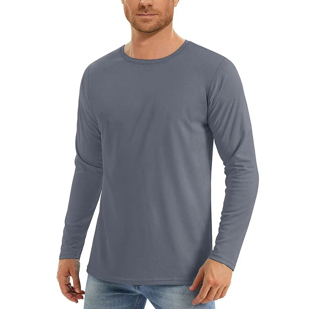 UPF50+ Men's Sunscreen UV Protection T-shirt Solid Color Long-sleeved Round Neck Outdoor Hiking Fishing Quick-drying Tops Beauty hair & fashionfj