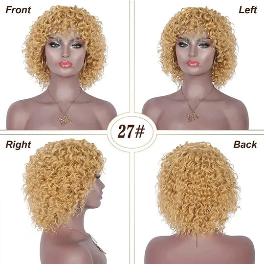 8 Inch Short Pixie Curly Bob Wig with Bangs Brazilian Human Hair Bouncy Curl Wig for Women Ready to Go Wig Beauty hair & fashionfj