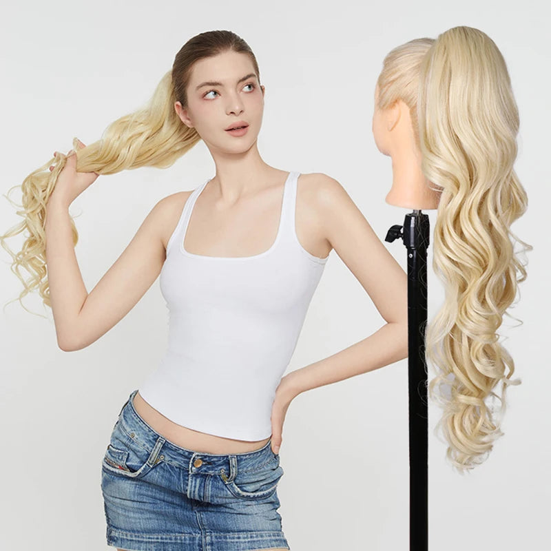 Julianna Synthetic Kanekalon Black Drawstring Water Wave Ponytail Extension Female Curly Wavy Clip In Ponytail Hair Extension