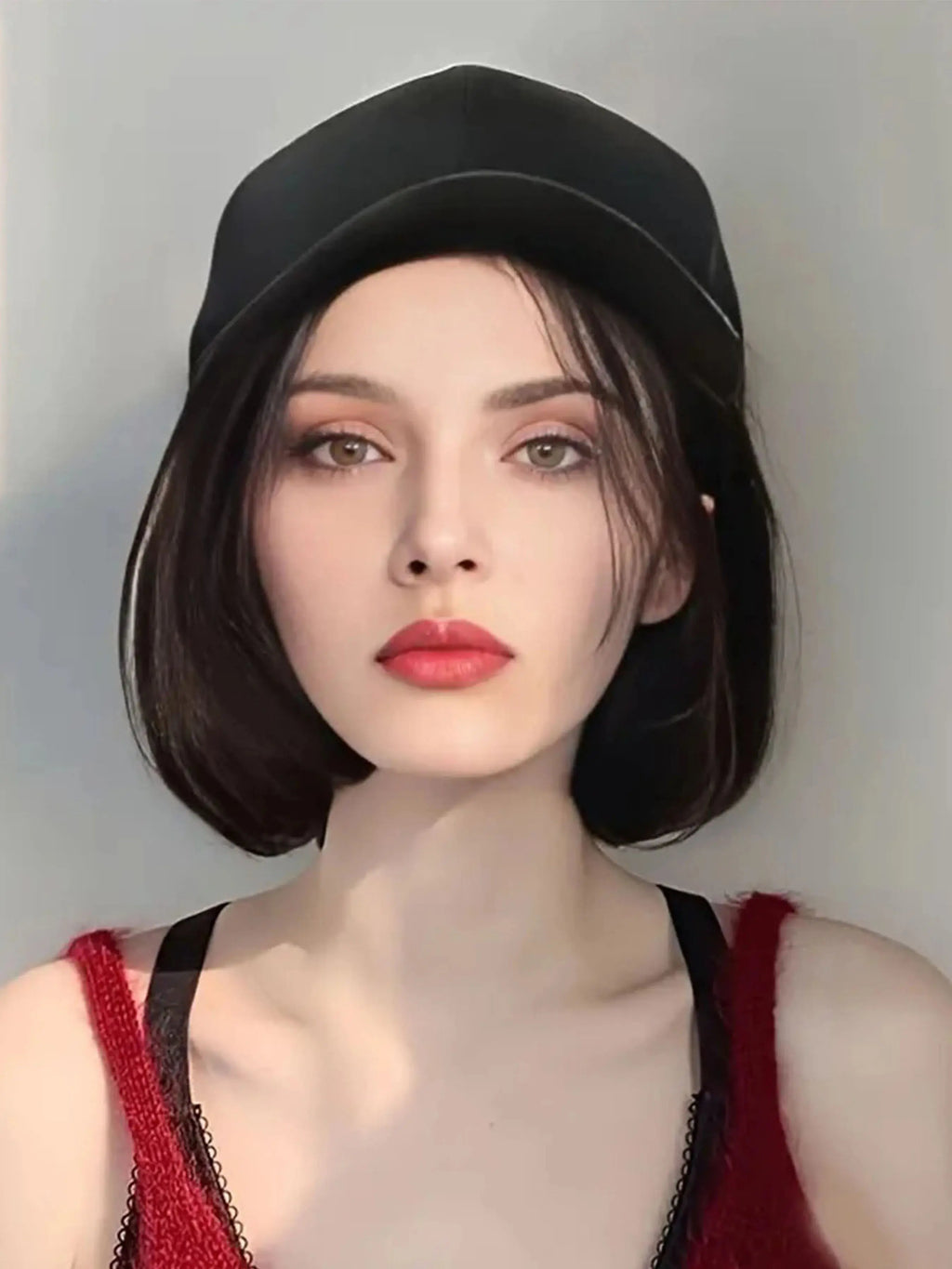 Hat Wigs Synthetic Short Bob Straight Wig With Black Baseball Cap Adjustable Hat Wigs Straight Hair Extensions For Women Fashion Beauty hair & fashionfj