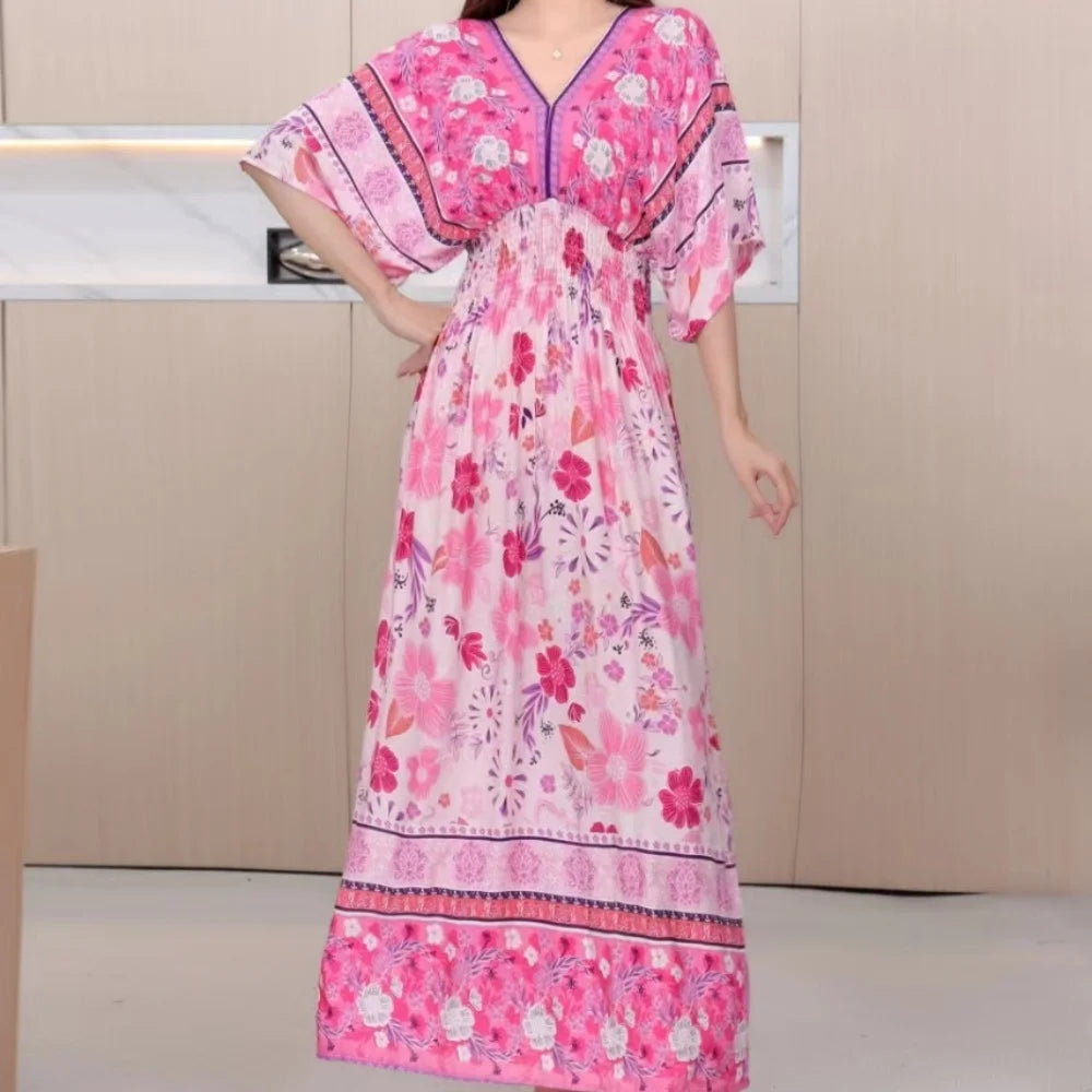 Summer Trend Ethnic V-Neck Printed Women's Dress Vintage Elegant Batswing Sleeves Elastic Waist Large Swing Casual Holiday Dress Beauty hair & fashionfj