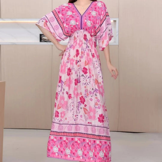 Summer Trend Ethnic V-Neck Printed Women's Dress Vintage Elegant Batswing Sleeves Elastic Waist Large Swing Casual Holiday Dress Beauty hair & fashionfj