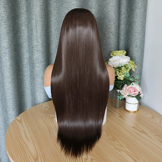 Dark Chocolate Brown Long Straight Synthetic Hair 13x4 Lace Front Wigs Transparent Lace Wigs For Women Bone Straight Wig 180% Beauty hair & fashionfj