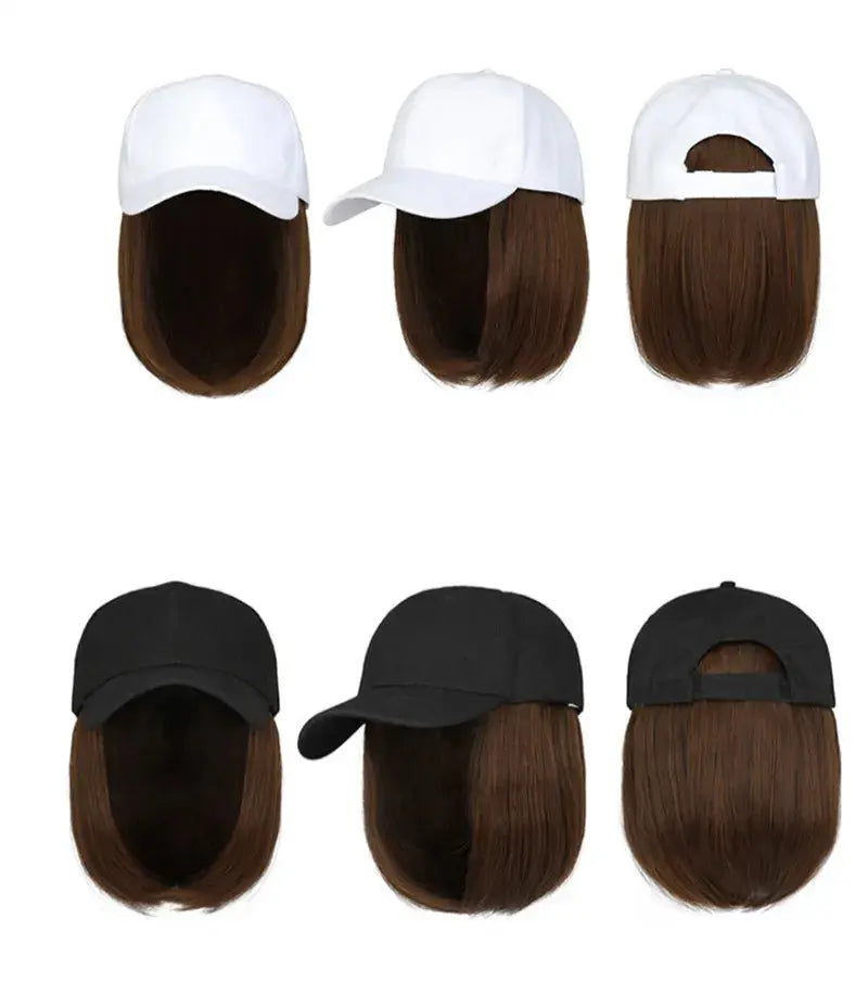 Fashion 8inch Hat Wigs Black Golden Synthetic Short Bob Straight Wig With White Black Baseball Cap Adjustable Hat Wigs For Women Beauty hair & fashionfj