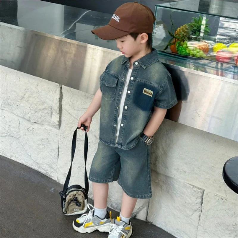 2025 Trendy Boys' Denim Set Vintage Wash Short Sleeve Shirt & Shorts 2-Piece Summer Outfit Beauty hair & fashionfj