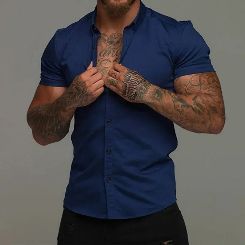 Men Slim Blouse Shirts Summer Casual Male Turn Down Collar Short Sleeve Button Tops LXDZ-110 Beauty hair & fashionfj