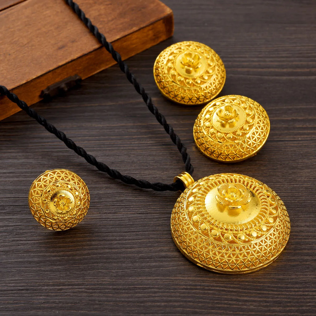 African Women Classic Ethnic Style Jewelry Set Golden Color Pendant Necklace Earrings Ethiopian Bridal Wedding Luxury Gift