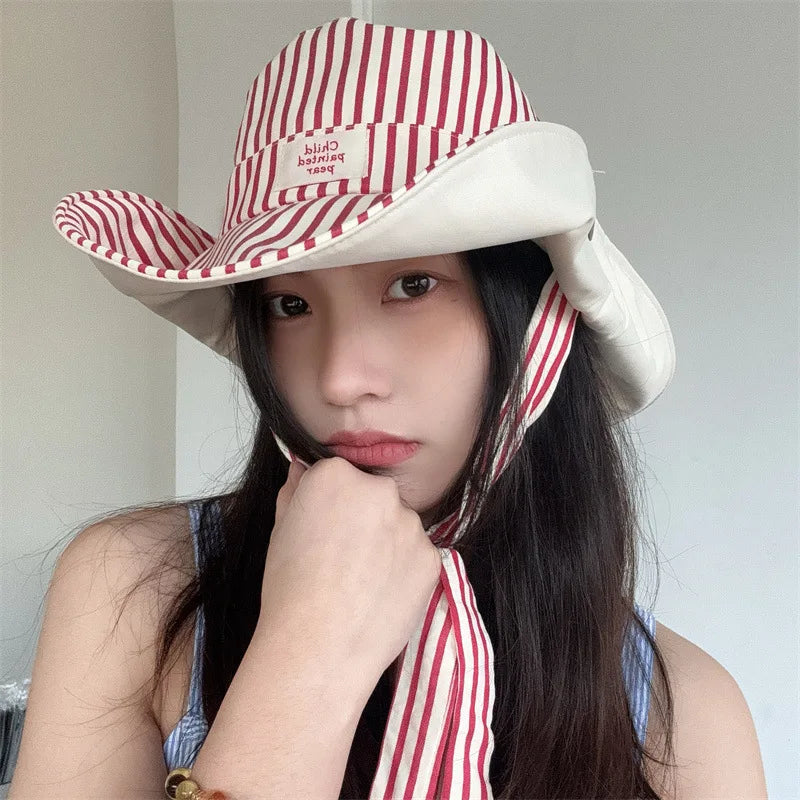 Korean Version Ins Retro Striped Big Brim Sun Hats for Women Summer Travel Sunscreen Versatile Fashion Strap Bucket Hat Beauty hair & fashionfj