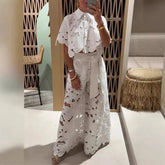 Elegant Lapel Half-sleeved Crop Top + Wide-leg Pants Sexy Hollow 2-piece Set Women Fashion Spring Solid Color Loose Suit Female Beauty hair & fashionfj