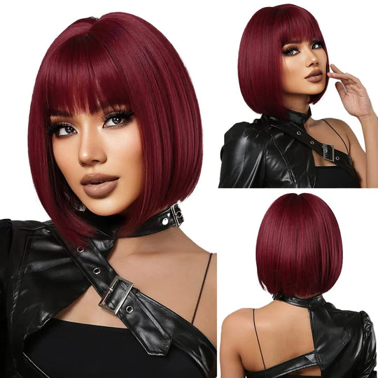 Short Straight Synthetic Bob Wigs for Women Black Burgundy Brown Bob Wig with Bangs Cosplay Wig 12Inch