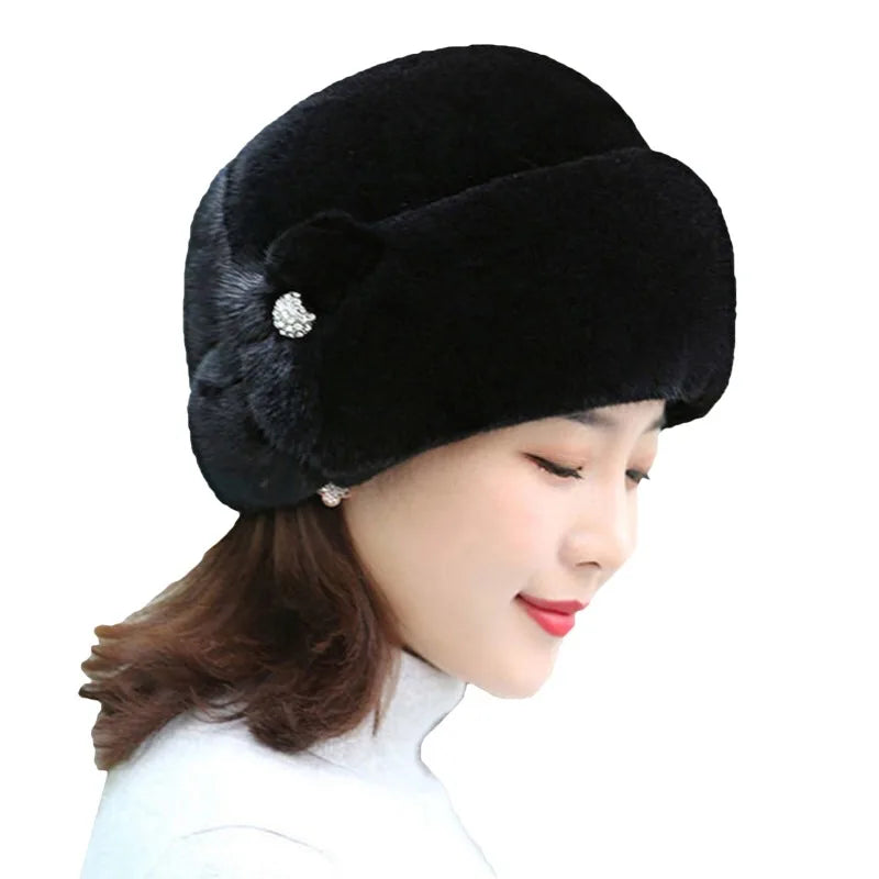 New Winter Warm Hat Imitation Mink Fur Caps For Women Earflap Fisherman Earwarmer Hat Floral Basin Cap