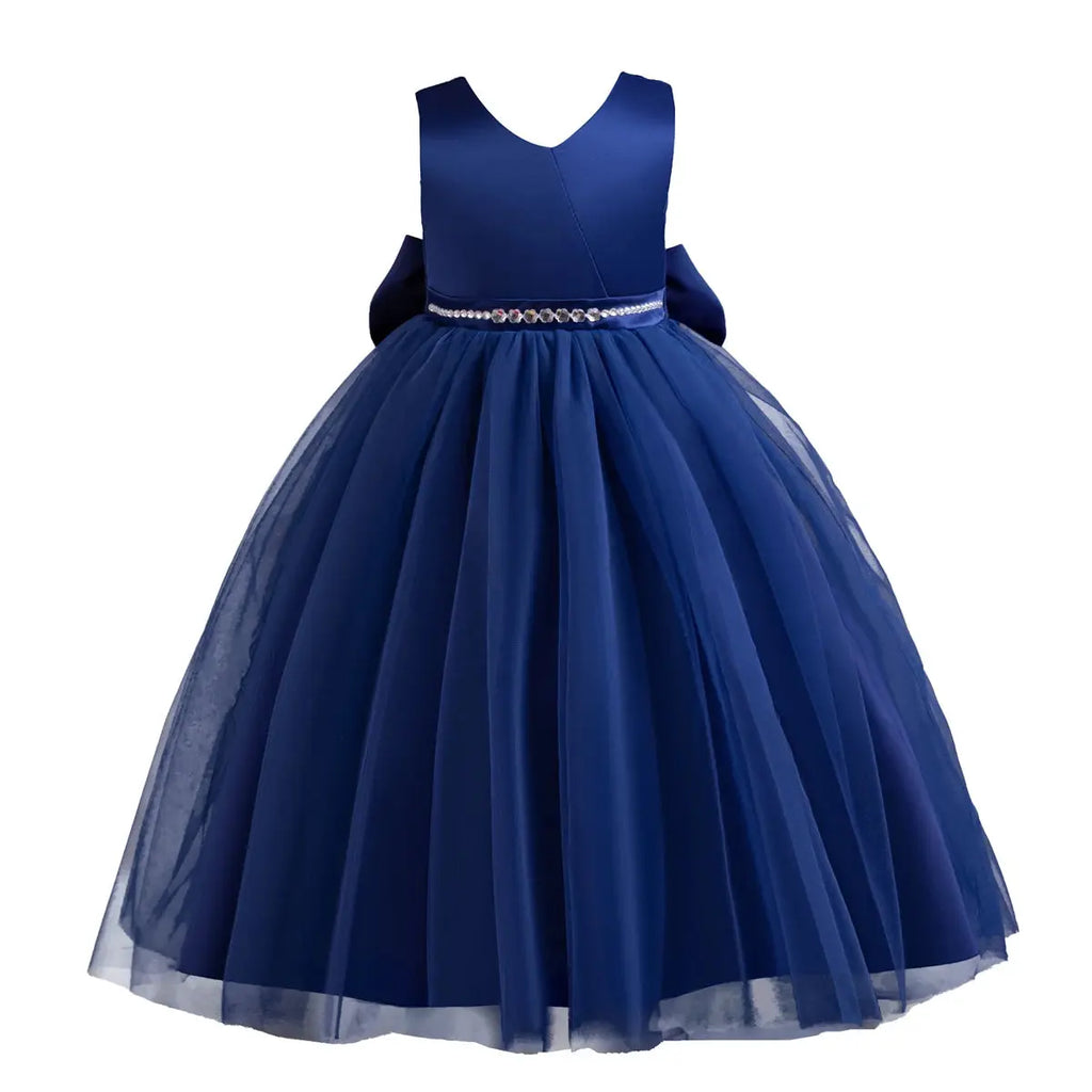 Shining Crystal Belt blue Sleeveless Long Dress for Princess Prom Bow Dresses for 3 to 12 Years Girls Beauty hair & fashionfj