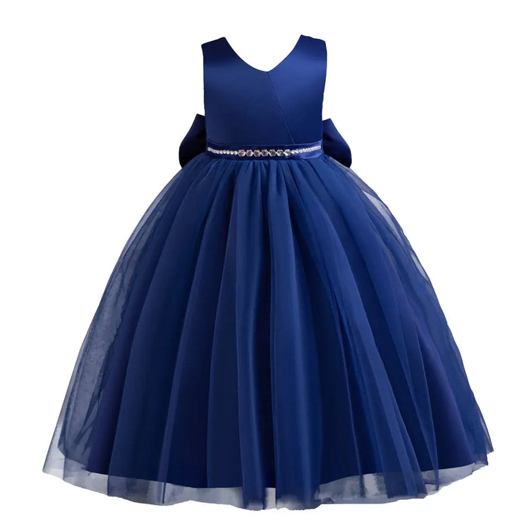 Shining Crystal Belt blue Sleeveless Long Dress for Princess Prom Bow Dresses for 3 to 12 Years Girls Beauty hair & fashionfj