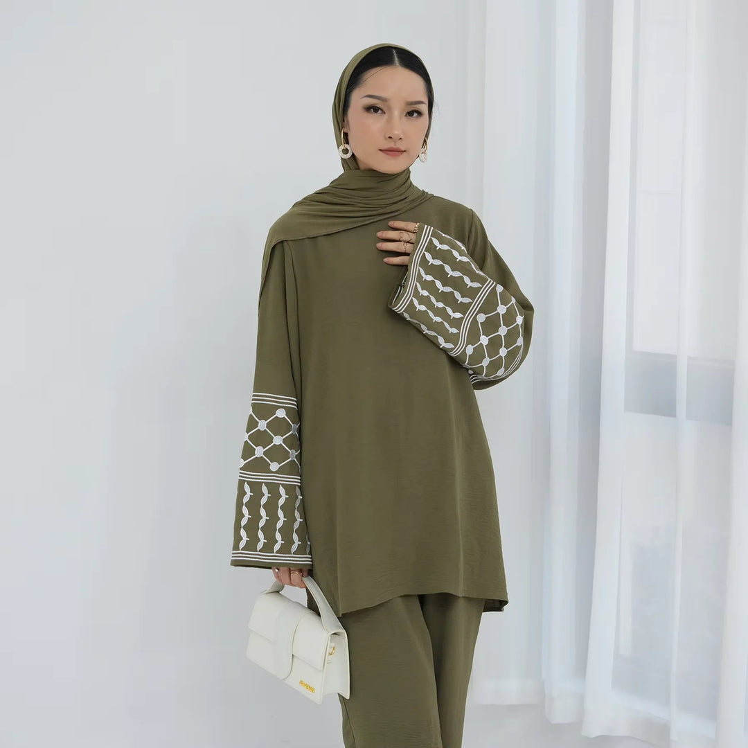 2PCS Embroidery Muslim Women Long Sleeve Tops Pants Set Dubai Turkey Outfits Islamic Clothing Kebaya Eid Ramadan Robe Abaya Suit Beauty hair & fashionfj