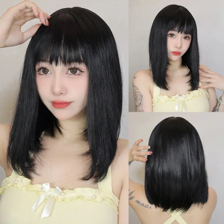 Short Black Brown Synthetic Natural Hair Wigs for Women Bob Straight Wig with Bangs High Temperature Daily Cosplay Party Wigs Beauty hair & fashionfj