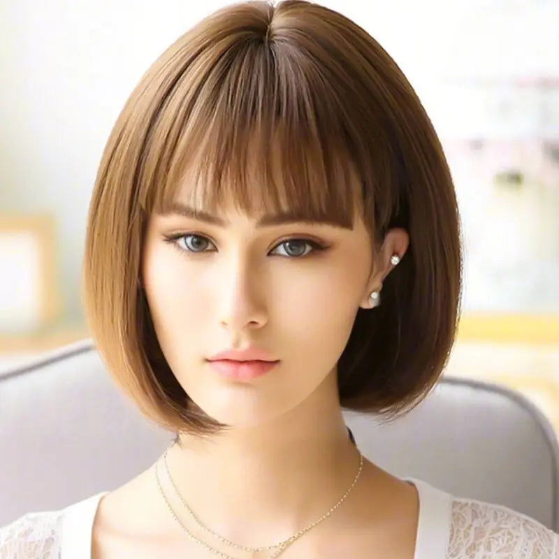 12 Inch Women's Fashionable Bob Wig - Natural Straight Hair , Heat Resistant Synthetic Fiber, Suitable for All Ethnicities
