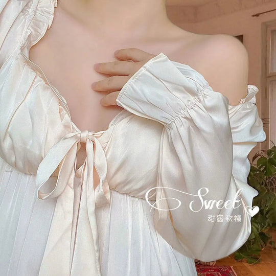Women's Elegant Nightgown French Style Ladies Summer Long Sleeve Night Dress Bow Sexy Homewear Nightdress For Female S-2XL Beauty hair & fashionfj