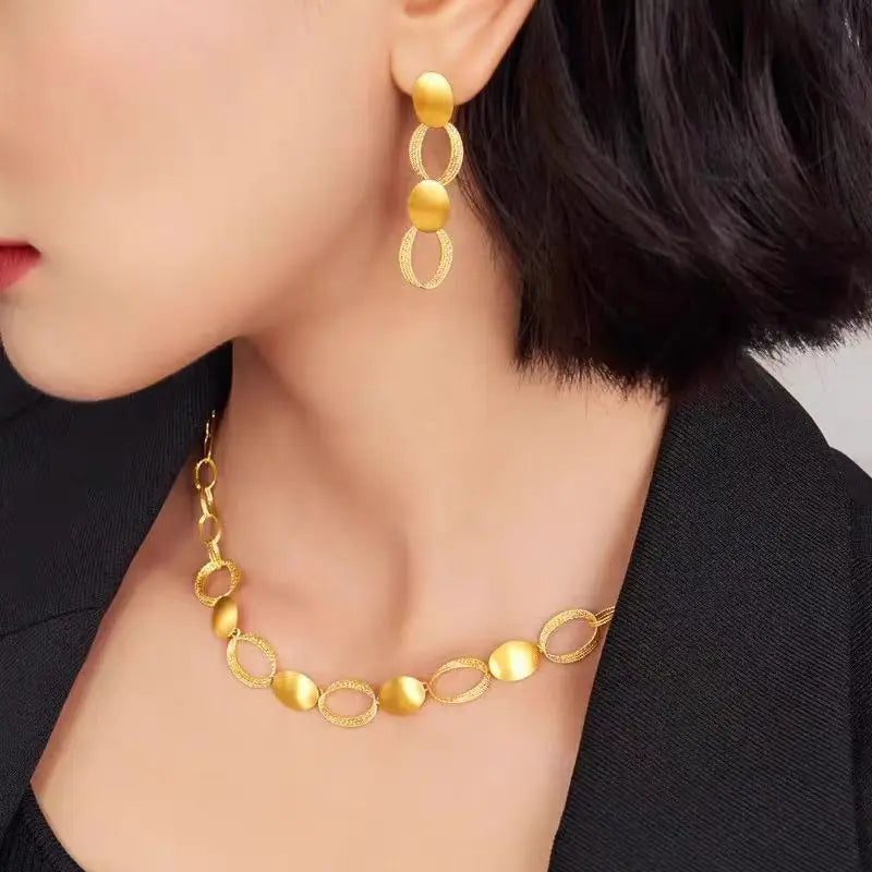 9999 24K real gold light and shadow halo women's light luxury brushed craftsmanship oval ring interlocking necklace earrings Beauty hair & fashionfj