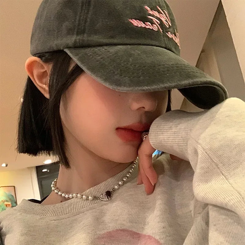 Retro Washed Cotton Baseball Caps for Women Embroidery Letter Hip Hop Sun Hats Solid Color Outdoor Girl Sunshade Duck Tongue Cap Beauty hair & fashionfj