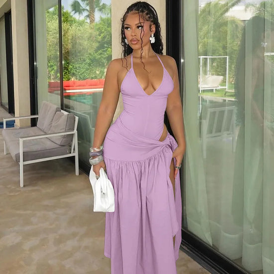 Woman Summer Vacation Sexy Cut Out Dress Sets Halter Deep V Neck Bodysuit and Tie Maxi Long Skirt Set Party 2 Two Piece Outfit