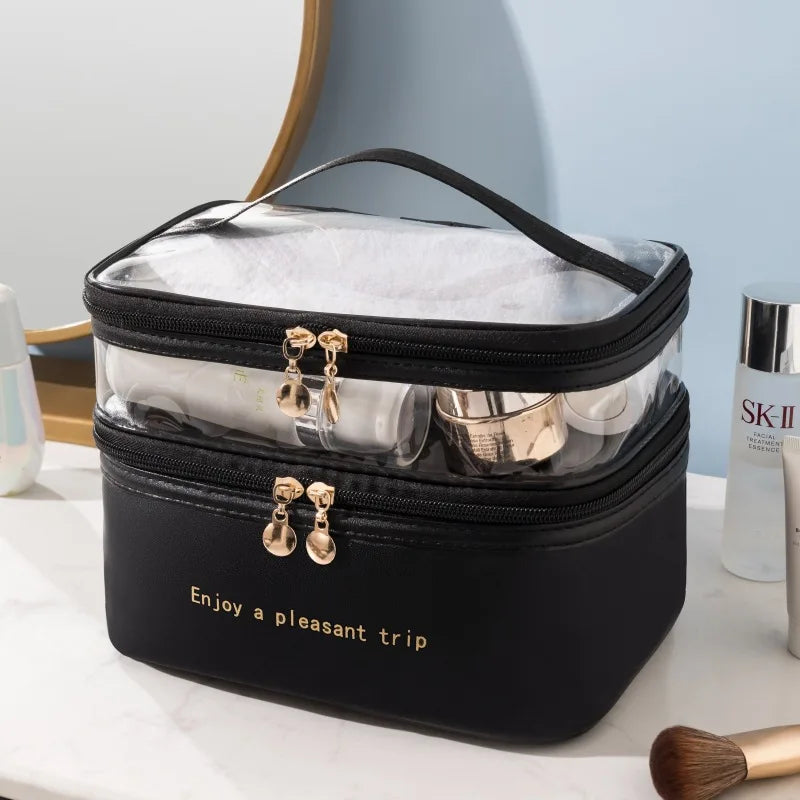 Double makeup bag PU transparent toiletries portable fashion waterproof travel large capacity storage bag