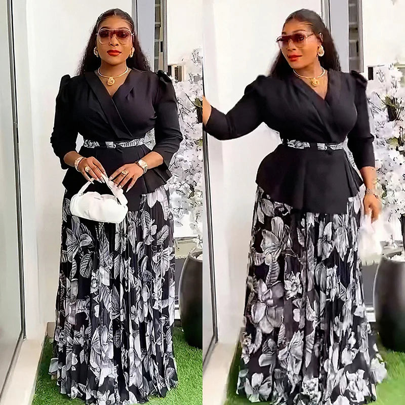 2 Piece African Clothes for Women Summer Fashion African Half Sleeve V-neck Polyester Printing Top Long Skirt Matching Sets 2025 Beauty hair & fashionfj