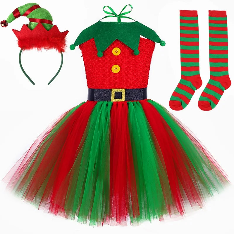 Christmas Elf Costume for Girls Xmas Holiday Party Tulle Dress Up Clothes Toddler Kids Red Green Elf Tutu Princess Dress Outfit