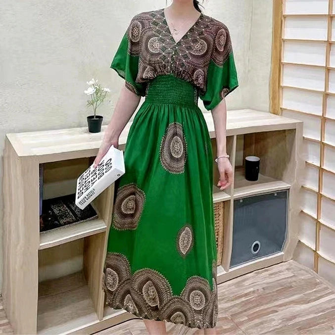 Summer Trend Ethnic V-Neck Printed Women's Dress Vintage Elegant Batswing Sleeves Elastic Waist Large Swing Casual Holiday Dress Beauty hair & fashionfj