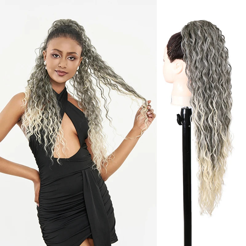 Julianna Synthetic Kanekalon Black Drawstring Water Wave Ponytail Extension Female Curly Wavy Clip In Ponytail Hair Extension