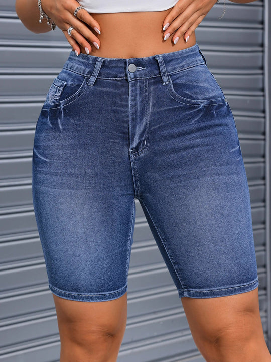 2025 Summer New High Stretch Slim Fit Denim Shorts For Women Fashion Embroidery Knee Length Skinny Jeans Shorts Casual Clothes Beauty hair & fashionfj