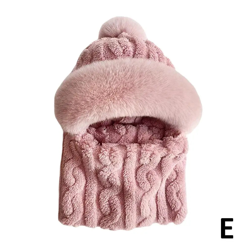 Winter Hat For Women Hooded Face Mask Fluff Keep Warm Thicken Style Neck Scarf Hooded Cap Beanie Knitted Cashmere Neck Warmer