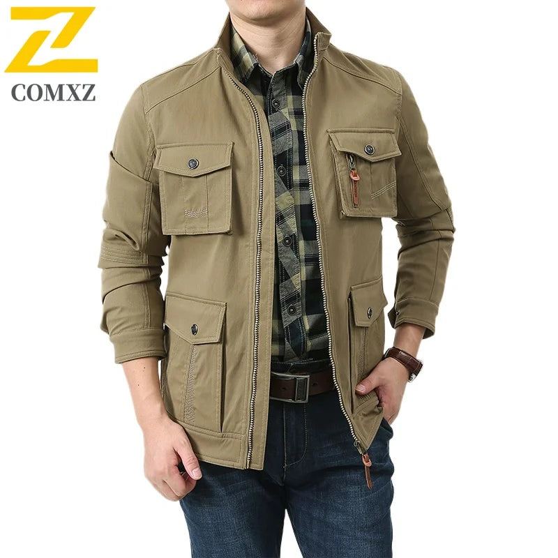 2025 New Workwear Jacket Outdoor Loose Breathable Multi Pocket Stand Up Collar Men's Coat Autumn Hunting Windproof Jacket M-5XL
