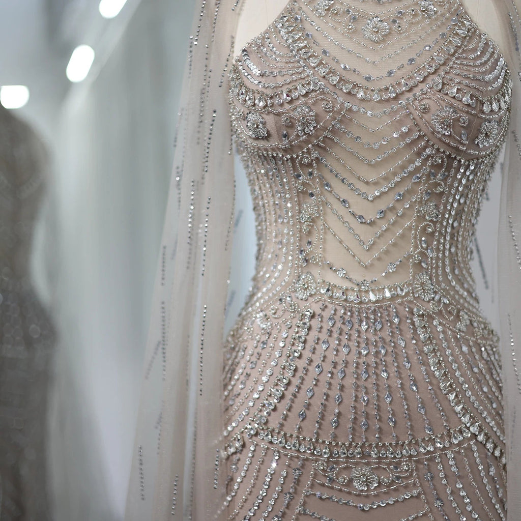 Sharon Said Luxury Dubai Caramel Mermaid Evening Dresses for Wedding Party Cape Sleeves High Neck Prom Dress SS077 Customized Beauty hair & fashionfj