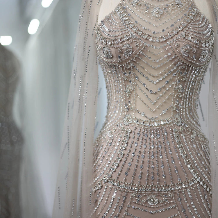 Sharon Said Luxury Dubai Caramel Mermaid Evening Dresses for Wedding Party Cape Sleeves High Neck Prom Dress SS077 Customized Beauty hair & fashionfj