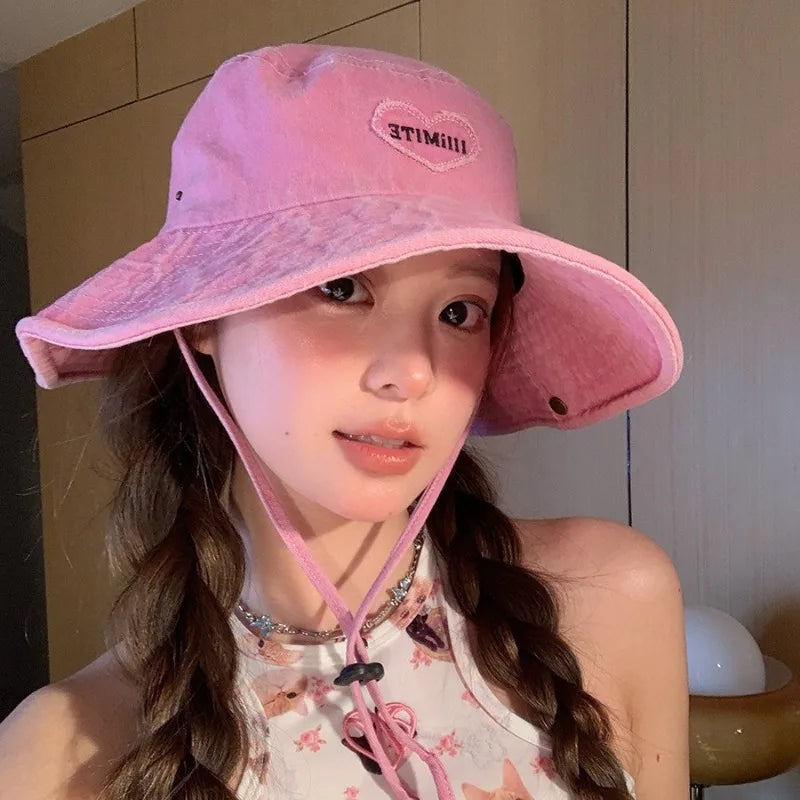 Japanese Retro Washed Cowboy Hats for Women Spring and Summer Outdoor Camping Sun Protection Sweet Pink Love Bucket Caps Beauty hair & fashionfj