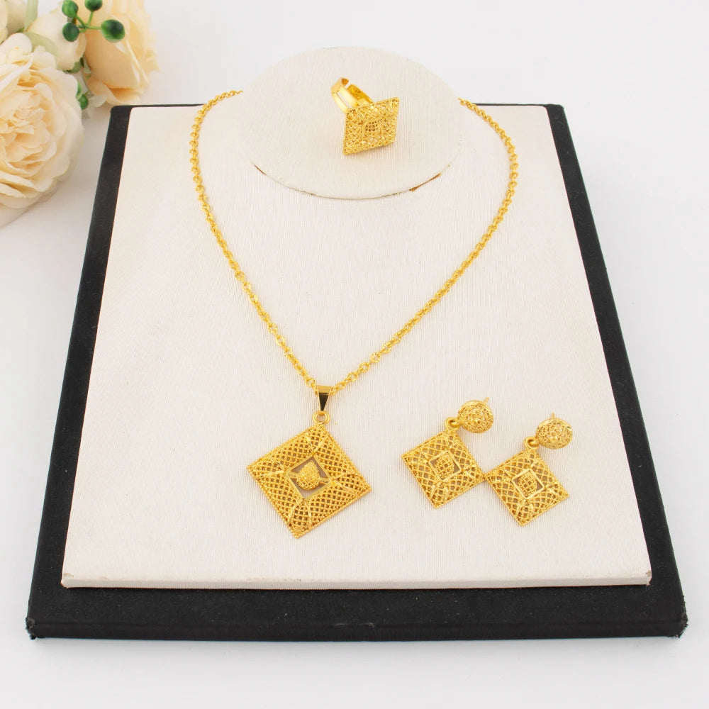 YM Gold Color Hollow Out Women Jewelry Set Mid East Dubai Earrings Ring Nigeria Necklace Jewelry Wholesale Gift for Mother's Day