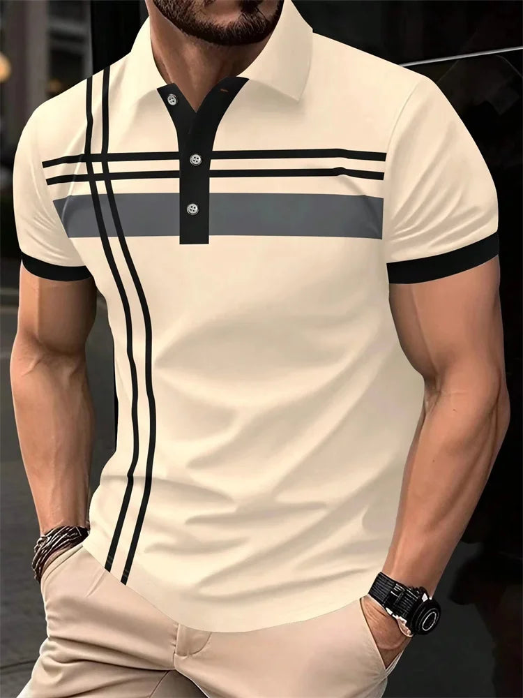 Fashion Stripe Print Polo T Shirt For Men Casual Lapel Loose Short Sleeve Tops Business Golf Clothing Comfortable Trend T-shirt Beauty hair & fashionfj